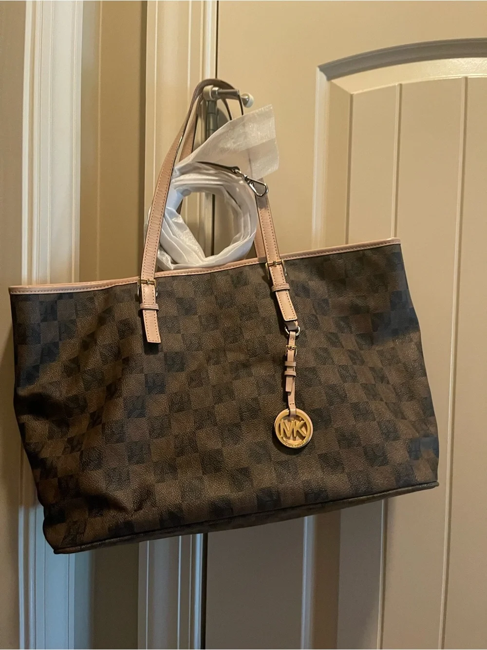 Michael Kors Brown Checkered Tote with Pink Trim and Gold Charm - Picture 3 of 4